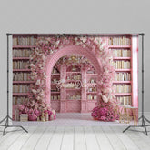 Aperturee - Aperturee Pink Library Photography Backdrop with Floral Arch Bookshelf and Cherry Blossoms Fairytale Wedding Background